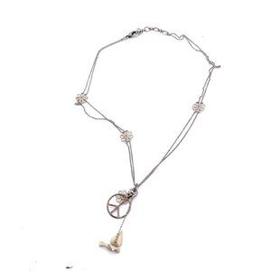 Lucky Brand Bird Peace Flower Necklace Silver Tone Lobster Adjustable 16"